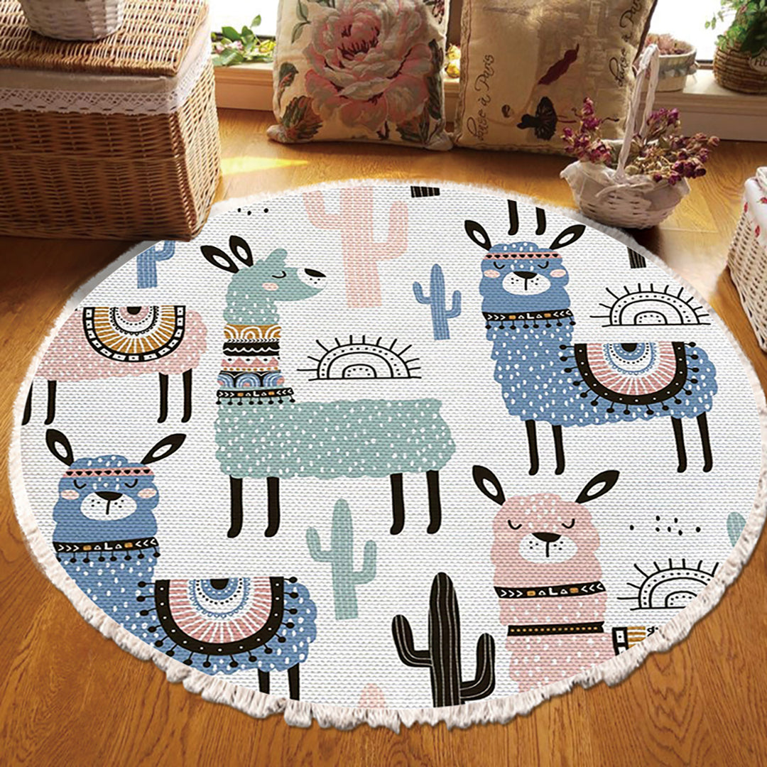 NNEAGS 120cm Alpaca Cactus Pattern Rug Desert Animals Non-Slip Round Area Rugs for Living Room Dining Room