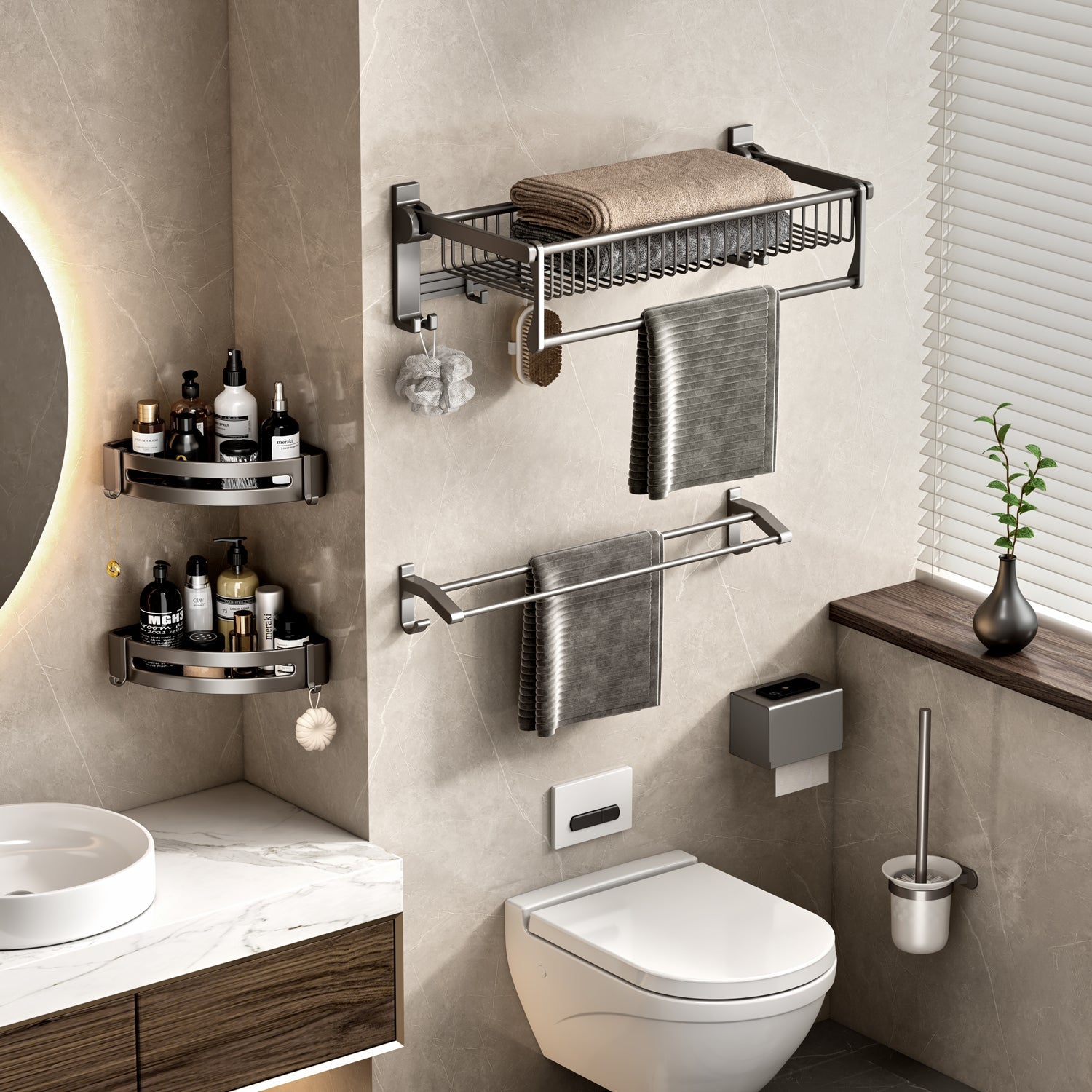 SOGA 2X 50cm Wall-Mounted Double Pole Towel Holder Bathroom Organiser Rail Hanger with Hooks
