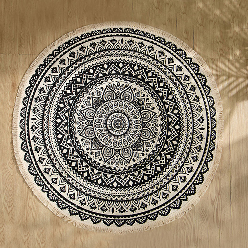 NNEAGS Black Carpet Soft Linen Bohemian Non-Slip Floor Retro Minimalist Round Rug Home Decor with Tassels
