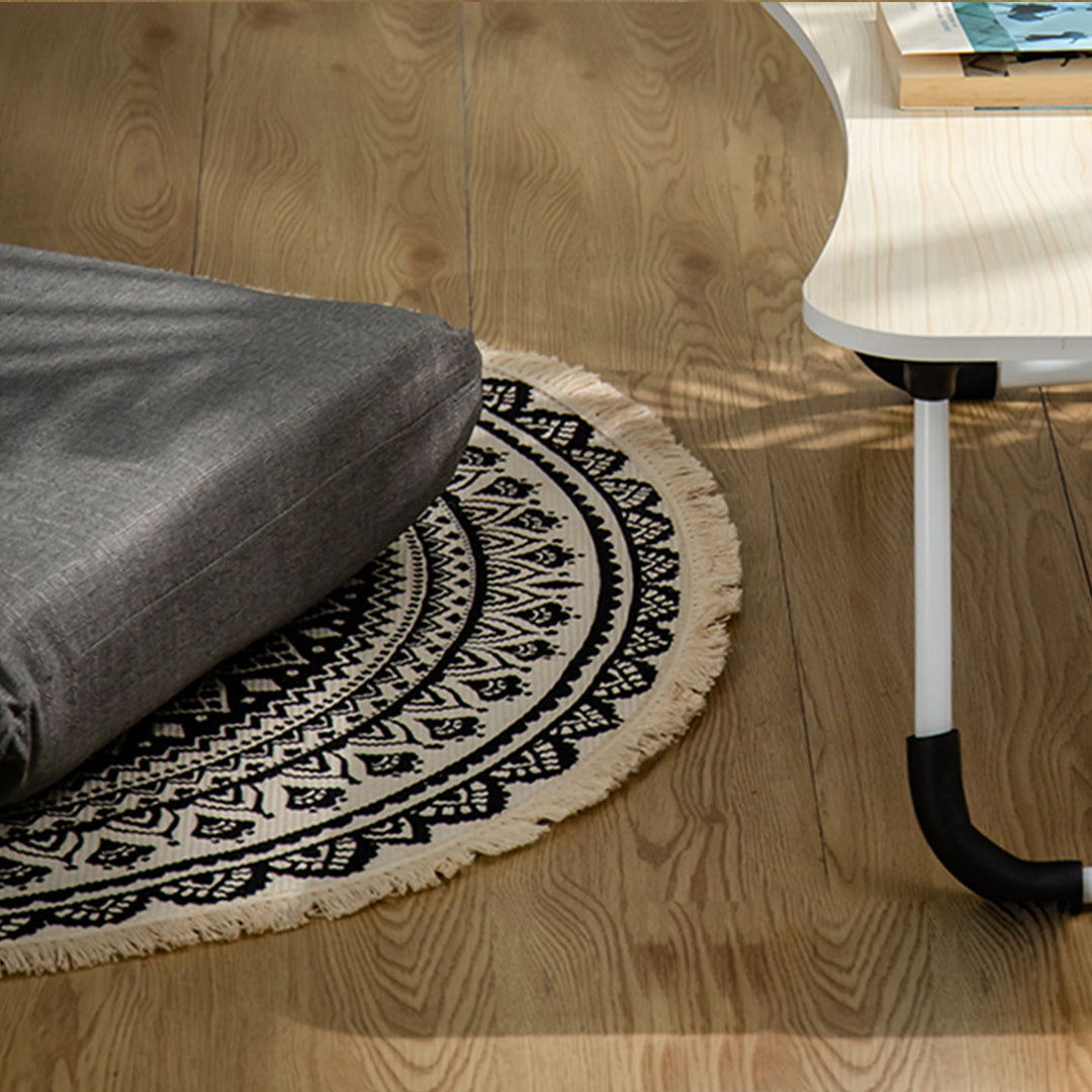 NNEAGS 2X Black Carpet Soft Linen Bohemian Non-Slip Floor Retro Minimalist Round Rug Home Decor with Tassels