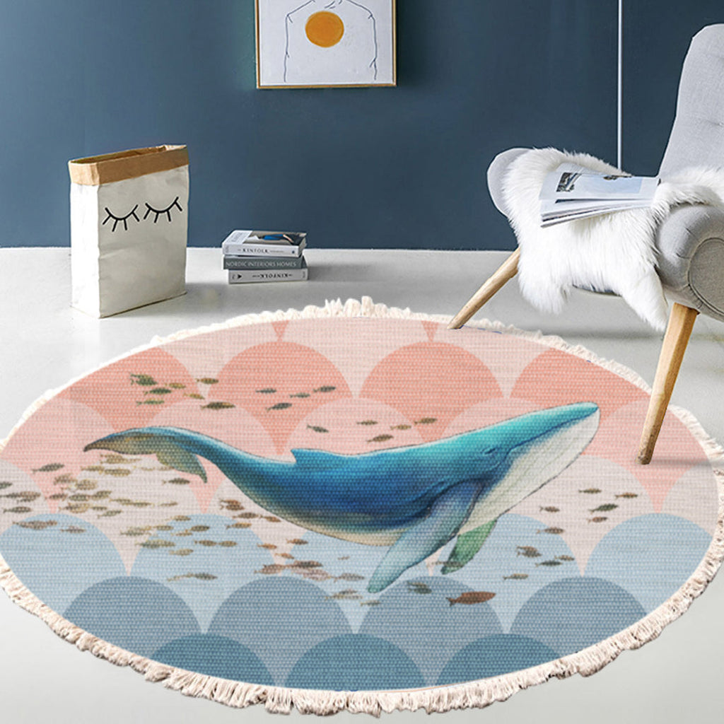 NNEAGS 2X 120cm Round Tassels Shark Print Area Rugs, Home Decor
