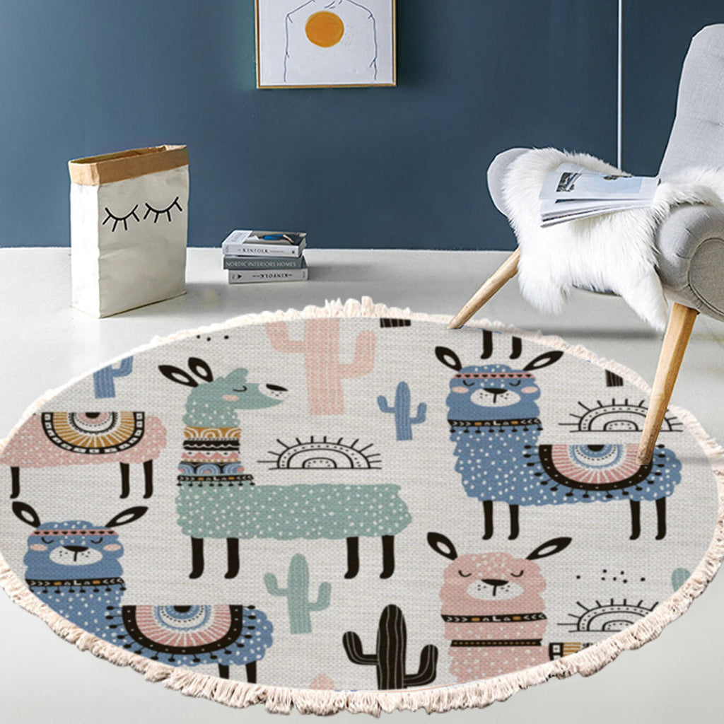 NNEAGS 120cm Alpaca Cactus Pattern Rug Desert Animals Non-Slip Round Area Rugs for Living Room Dining Room