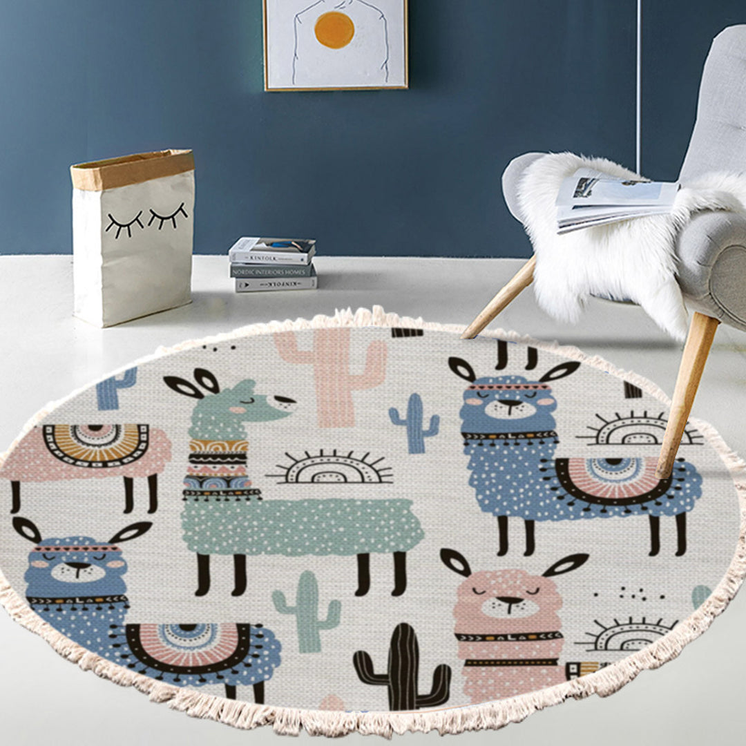 NNEAGS 120cm Alpaca Cactus Pattern Rug Desert Animals Non-Slip Round Area Rugs for Living Room Dining Room