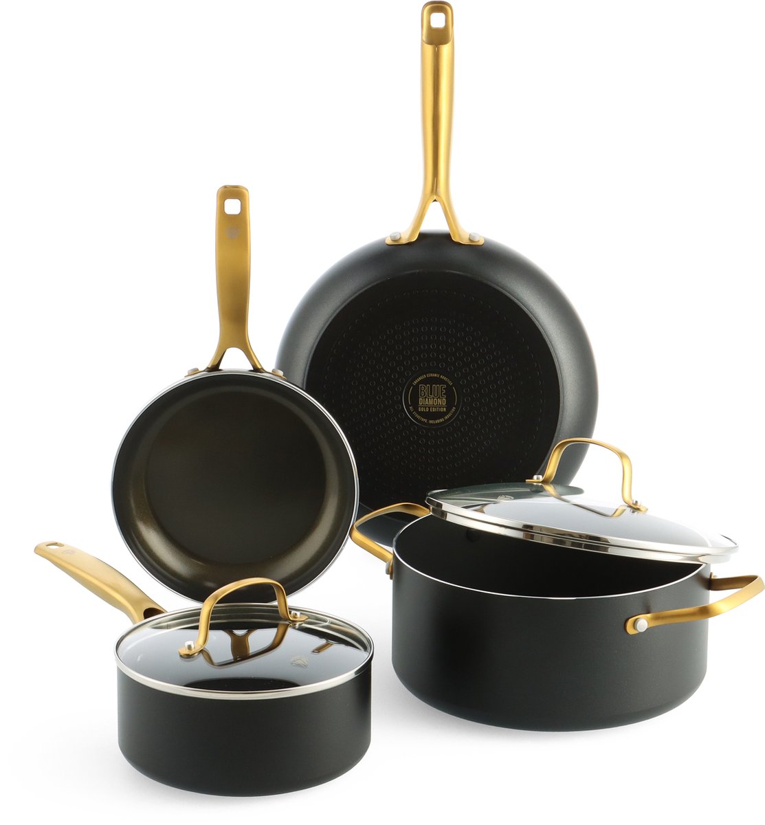 Blue diamond gold edition ceramic induction pan set 6-piece - 20 24 28cm - pfas-free - induction frying pan - oven safe up to 220°c - dishwasher safe - with lids - recycled aluminum - black-0