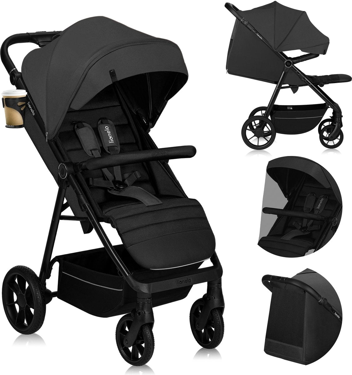 Lionelo mira - pram - stroller - for children up to 22 kg - front wheels 360° - adjustable backrest handle - waterproof XXL awning with UPF50+ - 5-point harness - large off-road wheels - full shock absorption - compactly foldable-0