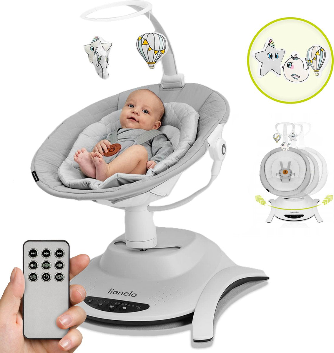 Lionelo bella rocking chair 6in1 - electric 360° rotating seat - 6 rocking positions - 5 speeds - backrest adjustable - melodies - motion sensor - bamboo cushion - play arch - remote control - en12790-0