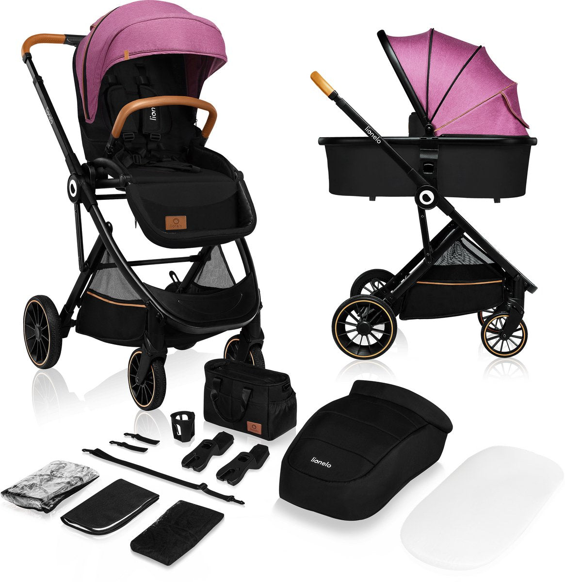 Lionelo Riya - stroller 2 in 1 - cradle + stroller - 0-15kg - foldable - XXL sun hood - adjustable backrest - large PU wheels - accessory set - adjustable push bar - for rear mounting-0