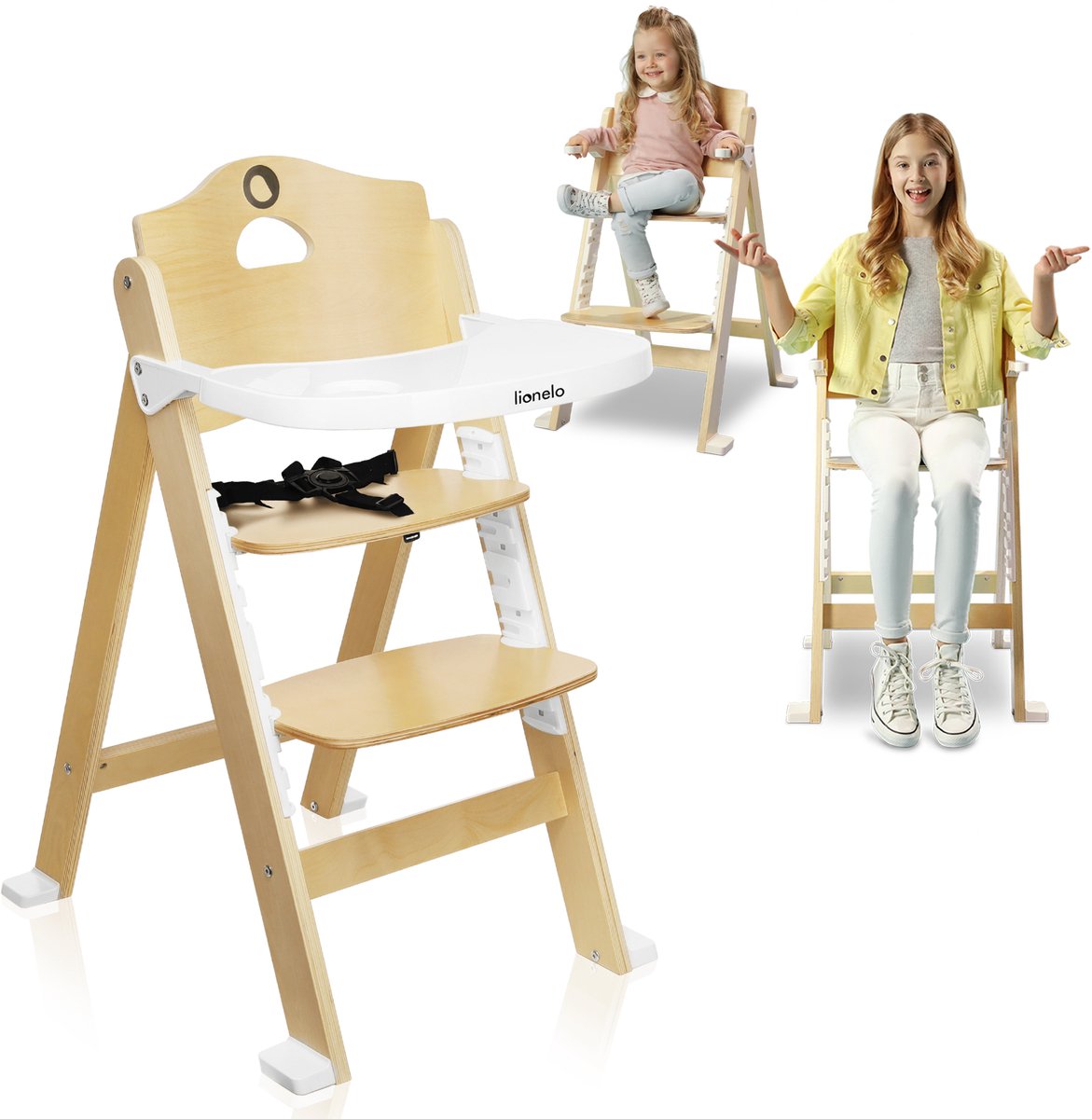 Lionelo floris high chair 3in1 - dining chair, high chair with footrest chair up to 40kg - 4-stage adjustable seat and footrest - birch wood, removable table, safety belts - Scandinavian design, grows with the child-0
