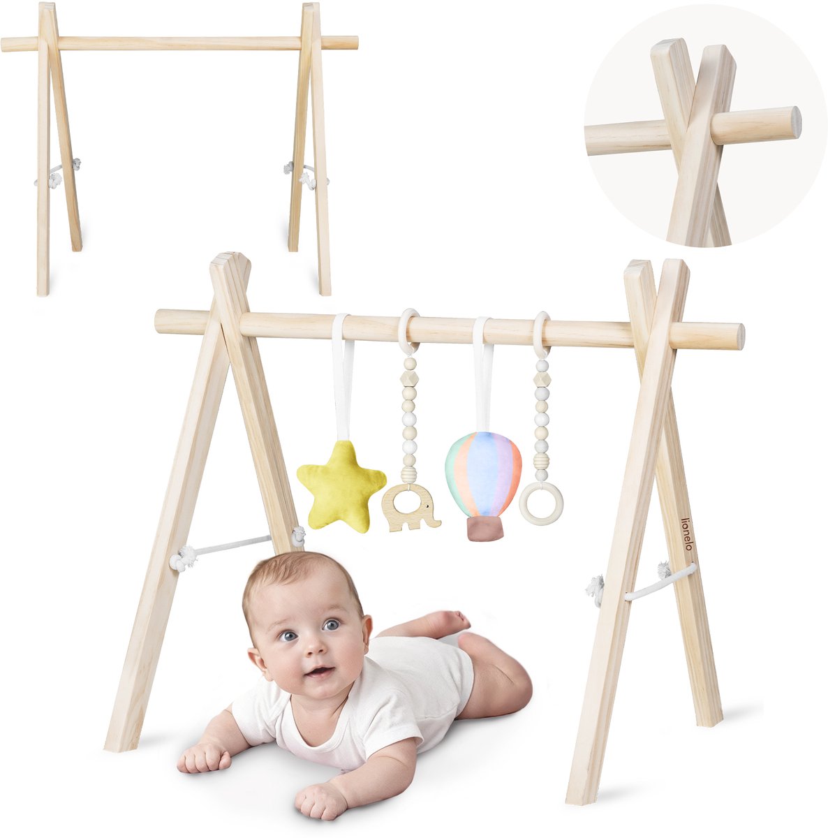 Lionelo anis – baby gym wood play arch – foldable Montessori play trapeze – beech wood, removable hangers – activity center for babies newborns-0