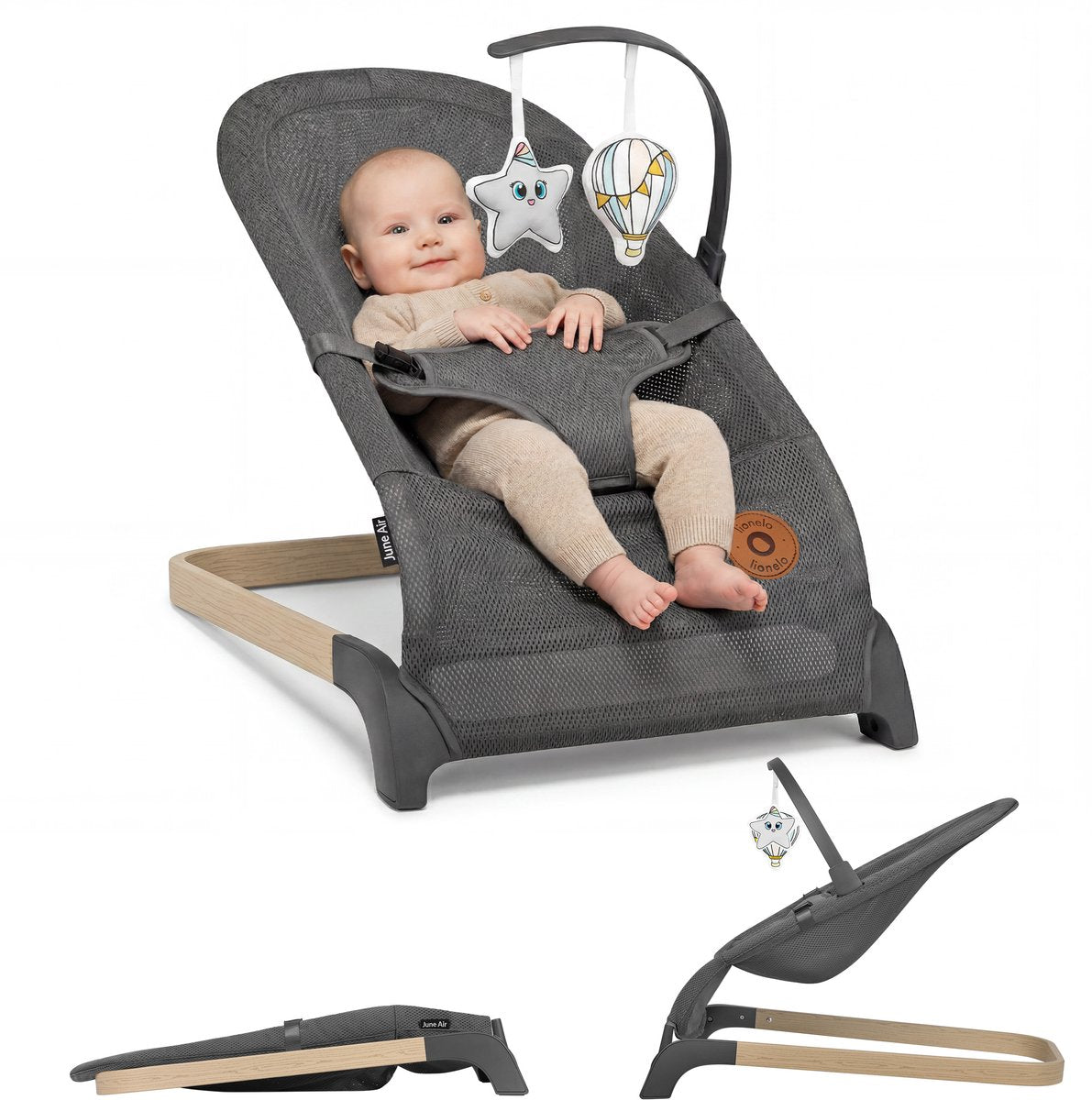 Lionelo June baby rocking chair - up to 9 kg - 3-point safety belts - lightweight - mesh upholstery - flat folding - natural rocking movement - certified - baby swing rocking chair-0