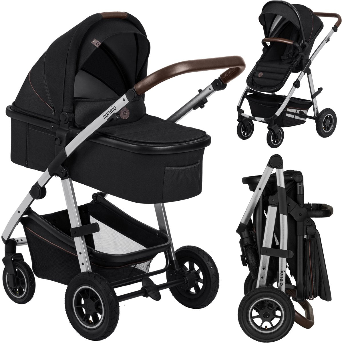 Lionelo amber 2 in 1 combination stroller with carrycot stroller - from birth to 22 kg - pneumatic tires, full suspension, reversible seat - accessories: diaper bag, mosquito net, rain cover, changing mat-0