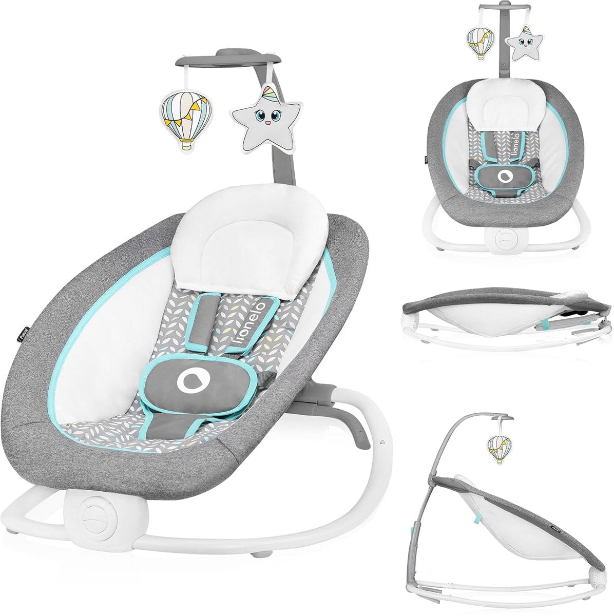 Lionelo Pascal - baby rocking chair bouncer - with soft vibrations - 12 melodies - adjustable backrest - play arch with toys - 5-point harness - compact foldable - bouncer - rocking chair-0