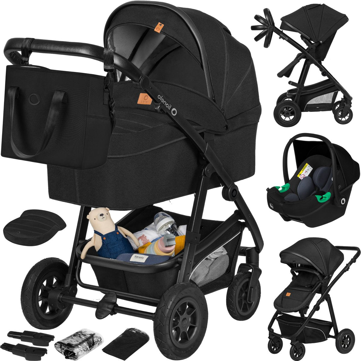 Lionelo bianka stroller 3 in 1 - carrycot + stroller + car seat - large pneumatic tires, full suspension - foldable - adjustable push bar - buggy reversible seat - 0-22kg - accessory set - black-0