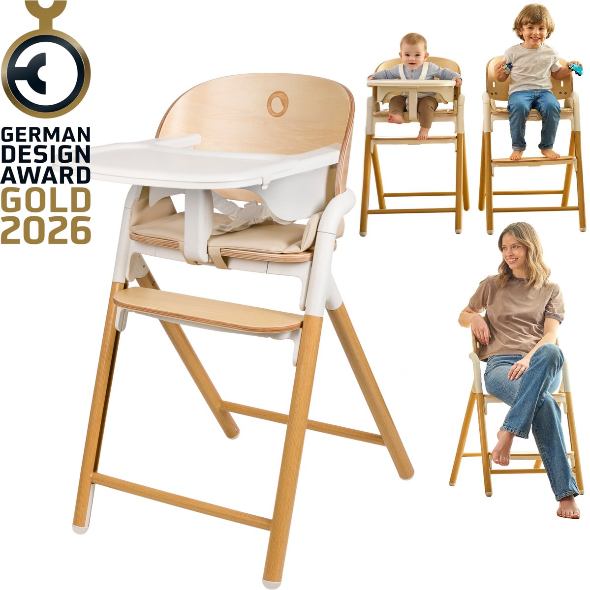 Lionelo Celia 3-in-1 wooden high chair - from baby to adult - adjustable seat footrest - 5-point belt - eco-leather upholstery - including baby set feeding tray - load capacity up to 110 kg-0