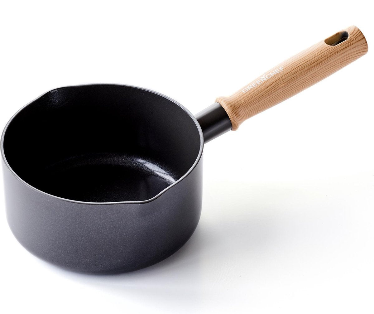 Greenchef vintage saucepan 16cm - 1.6l - pfas-free non-stick coating - saucepan induction - ceramic pan - oven safe up to 160°c - wooden handle - cooling handle - without lid - black-0