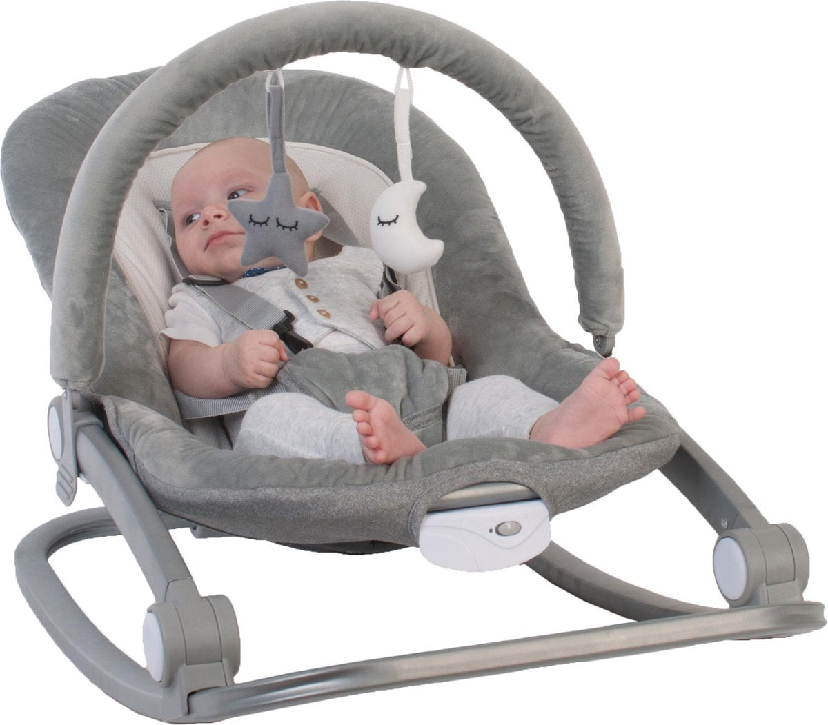 Bo Jungle - schommelstoel en zitje in 1 - wipstoel - bouncer - baby tot kleuter - tot max. 18 kg - inclusief speelboog en verkleinkussen - meegroeiende swing - zachte stof - muziek en vibratie functies - rocker grijs-0