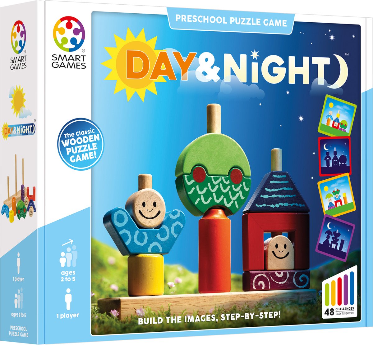 SmartGames day & night - houten stapelspel & vormenpuzzel - 48 educatieve opdrachten - solospel voor peuters & kleuters - vanaf 1,5 jaar-0