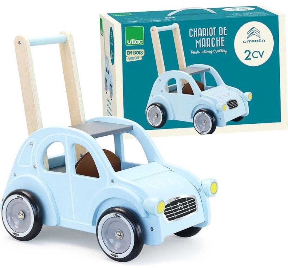 Vilac houten loopwagen citroën 2cv retro blauw peuterspeelgoed.-0