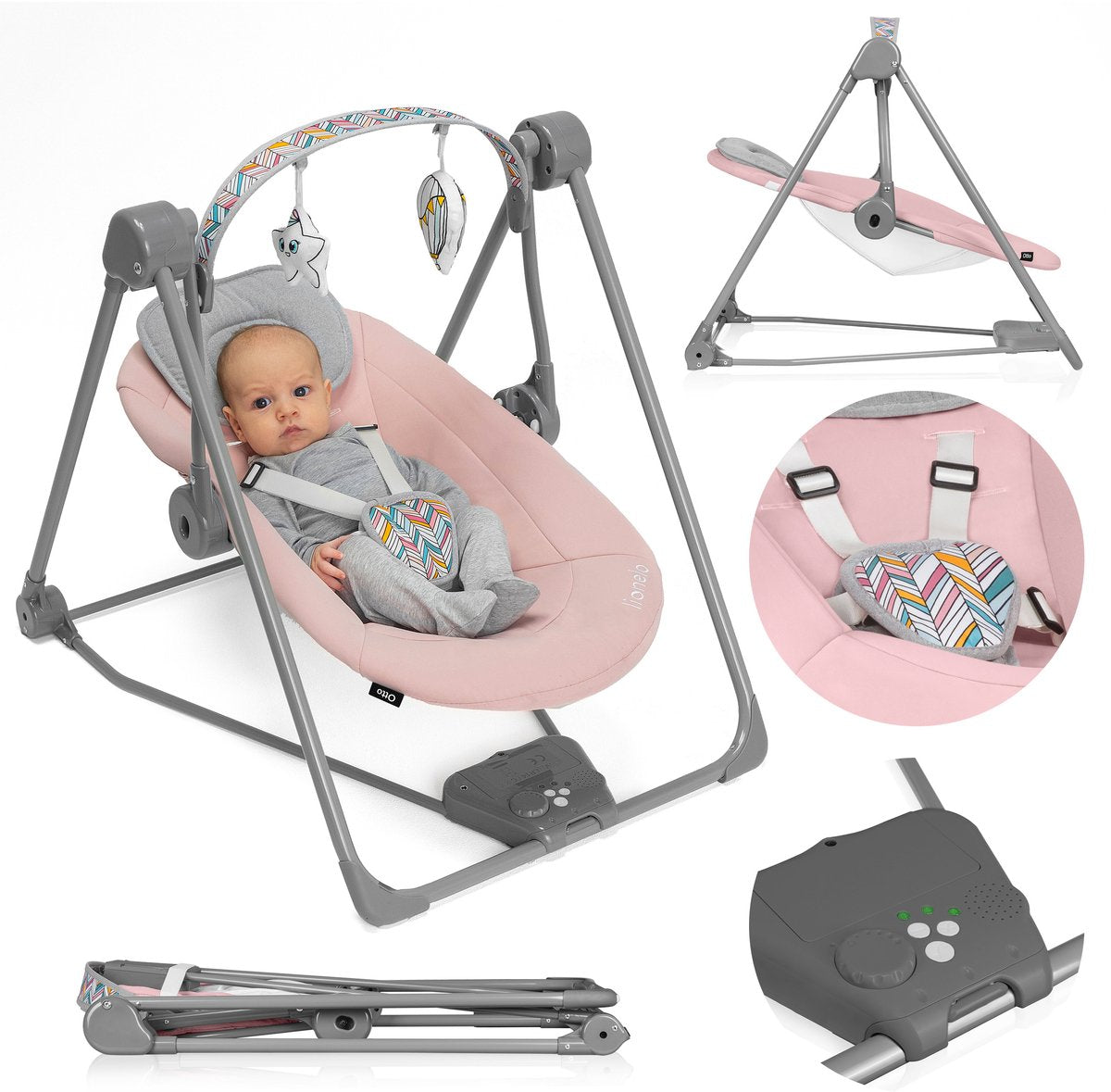 Lionelo Otto rocking chair - up to 9 kg - 5 swing speeds - timer - play arch - sounds - battery mains operation - foldable - soft upholstery - 5-point harness - pillow - anti-slip - contrasting details - intertek certified-0