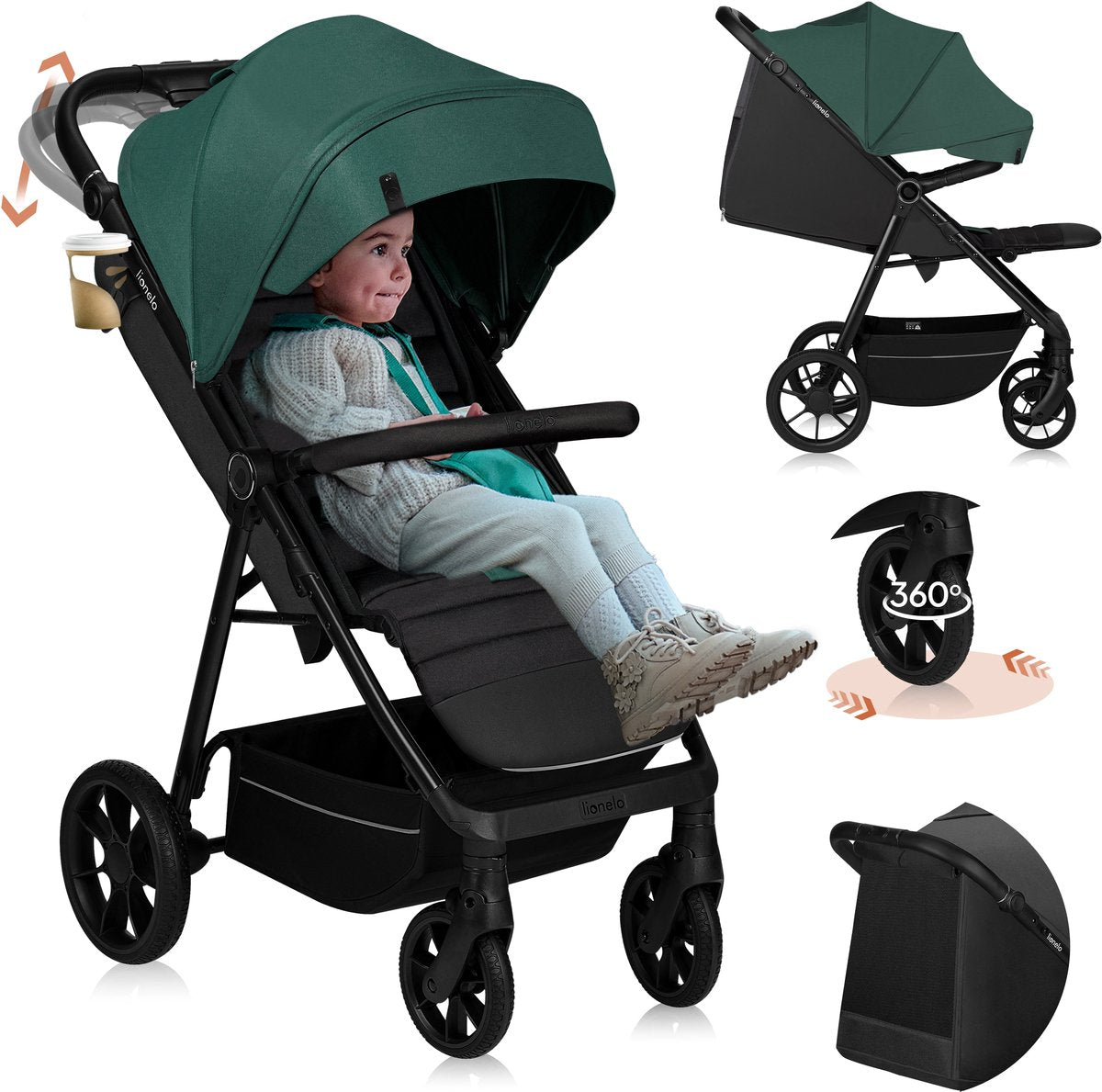 Lionelo mira - pram - stroller - for children up to 22 kg - front wheels 360° - adjustable backrest handle - waterproof XXL awning with UPF50+ - 5-point harness - large off-road wheels - full shock absorption - compactly foldable-0