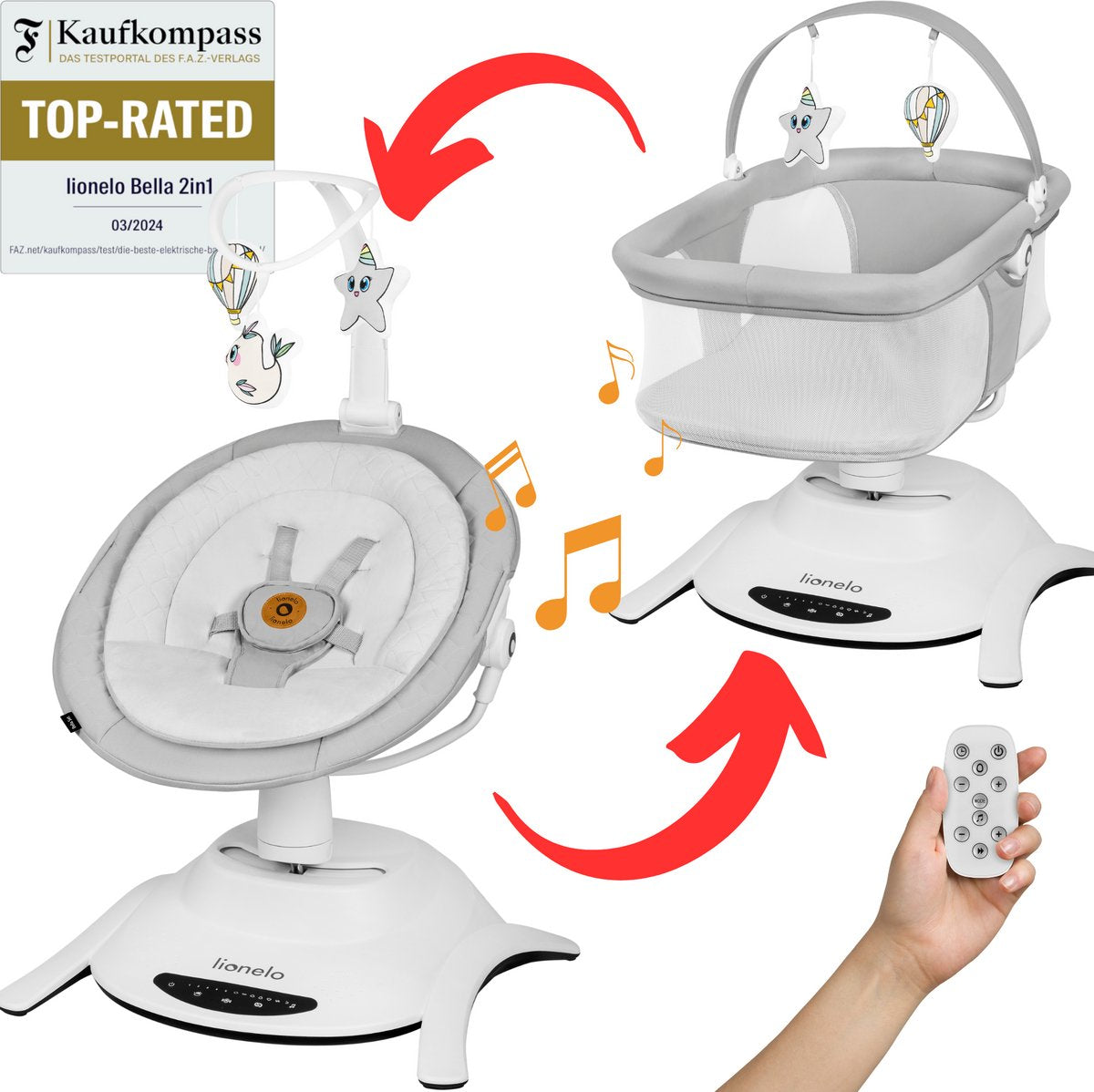 Lionelo bella set 2in1 - rocking chair travel cot - 360° swivel seat - electric 6 rocking positions - 5 speeds - backrest 3 positions - motion sensor - night mode - 12 melodies - bamboo cushion - remote control - washable covers - up to 9kg-0