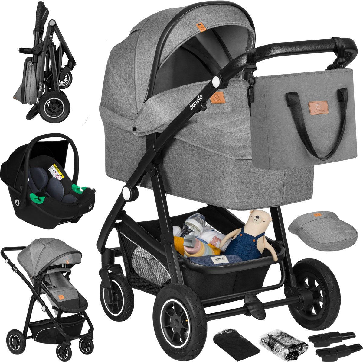 Lionelo bianka stroller 3 in 1 - carrycot + stroller + car seat - large pneumatic tires, full suspension - foldable - adjustable push bar - buggy reversible seat - 0-22kg - accessory set - gray-0
