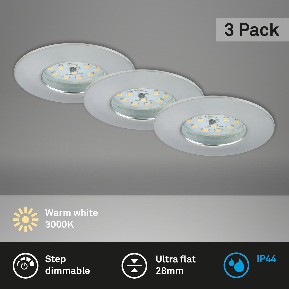 Briloner - LED recessed lamps set of 3 dimmable, each 6.5 W, 3,000 Kelvin IP44, aluminum colored ø7.5 cm-0