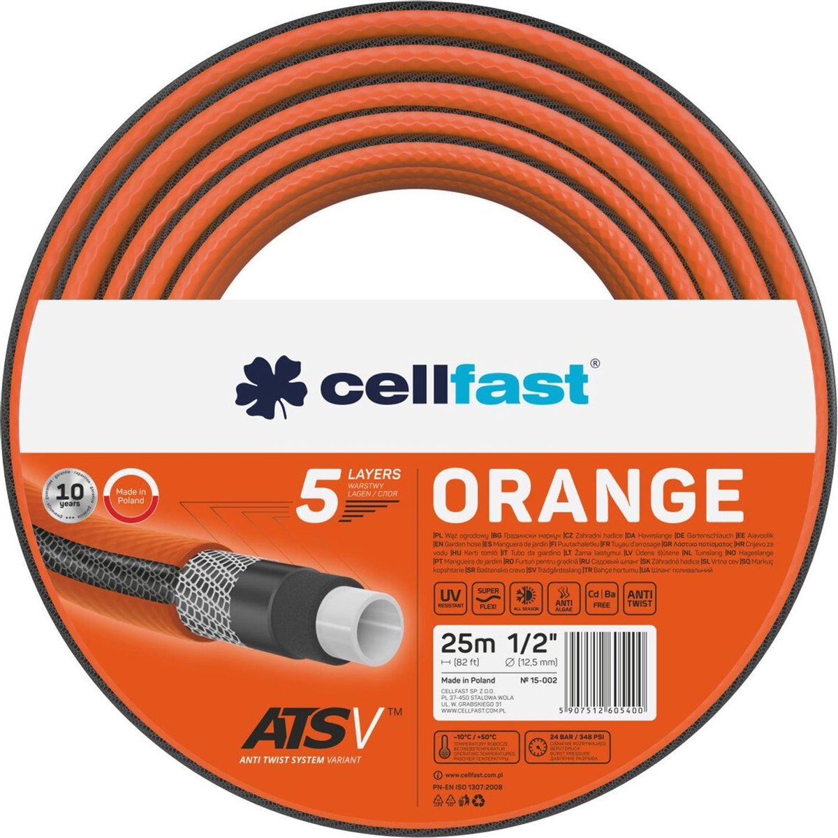 Cellfast atsv ™ garden hose 5-layer garden hose water hose tricot fabric UV resistant 24 bar burst pressure (1 2 25m) - orange-0