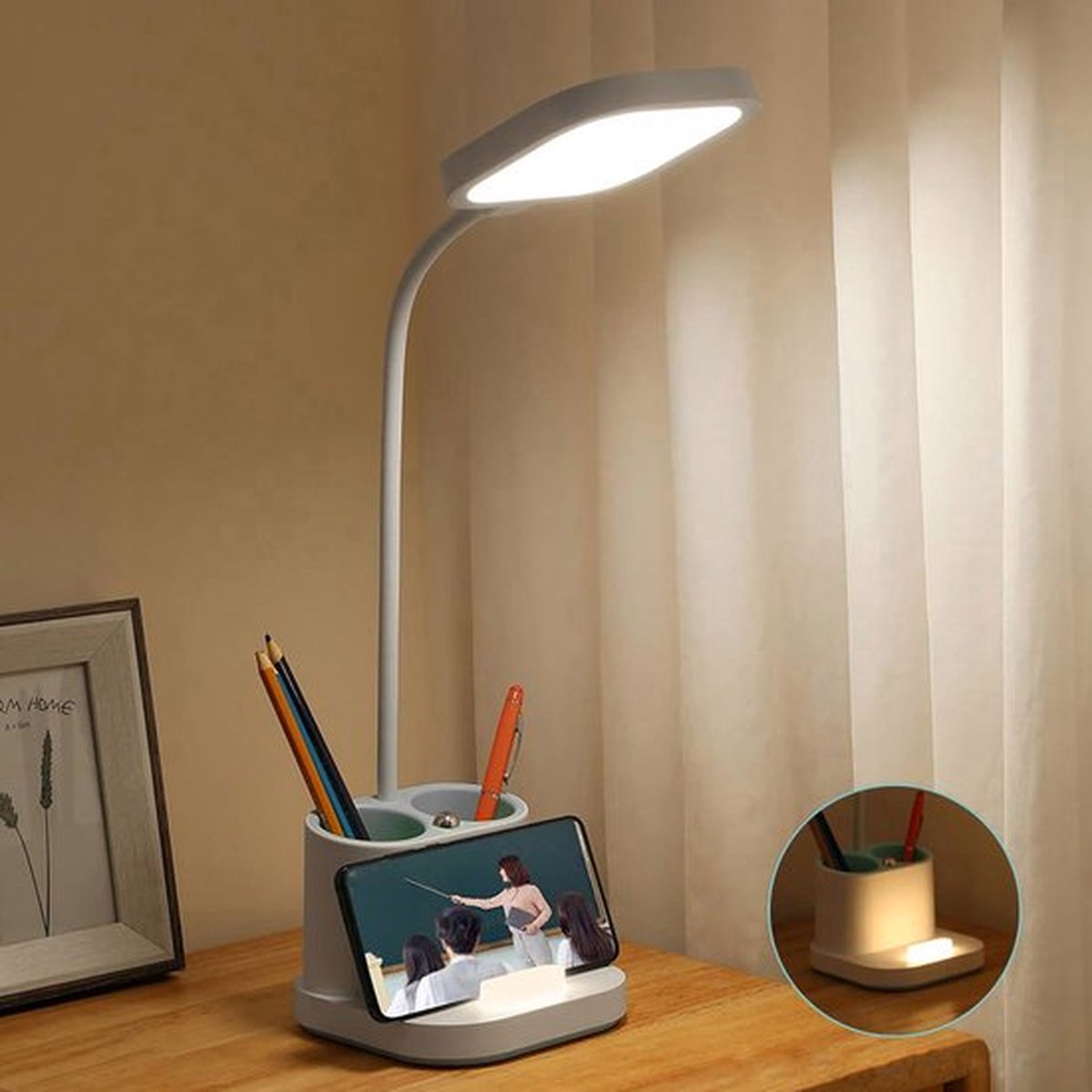 Platinet pdl008 - 4 in 1 desk lamp - pen holder - phone charger - night lamp - white-0