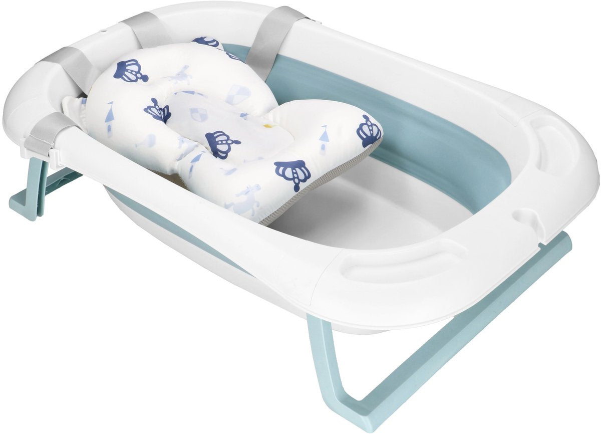 Springos foldable baby bath - foldable - portable - with stopper - thermometer - cushion - up to 12 months - 35 l - blue - white - 82 x 52 x 22 cm-0