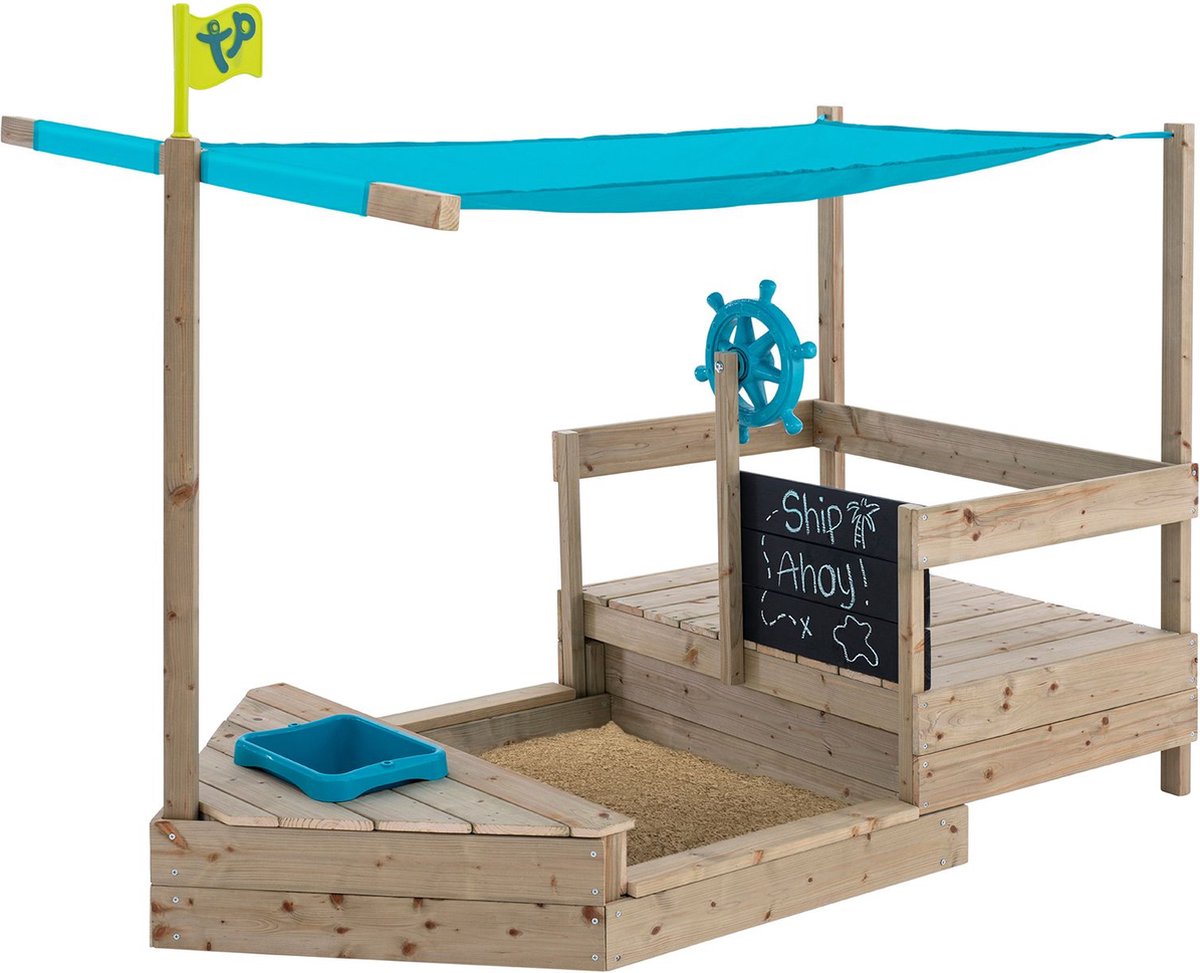 Tp toys ahoy play boat - extendable wooden play boat with sunshade, storage space and blackboard - perfect for sand and water fun-0