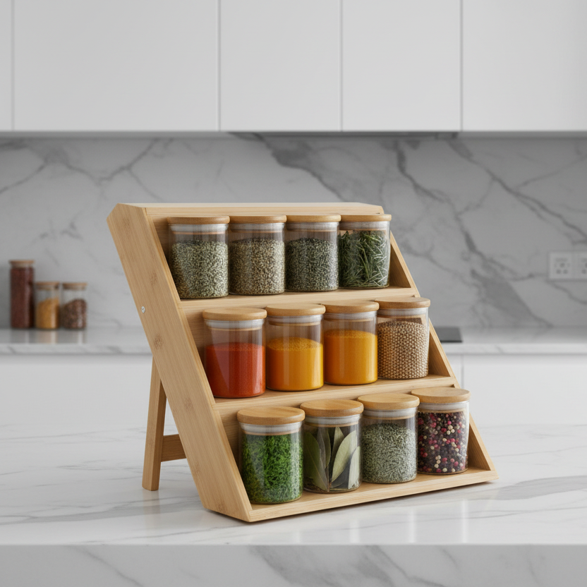 Bamboo Spice Rack Stand With 12 Spice Jars