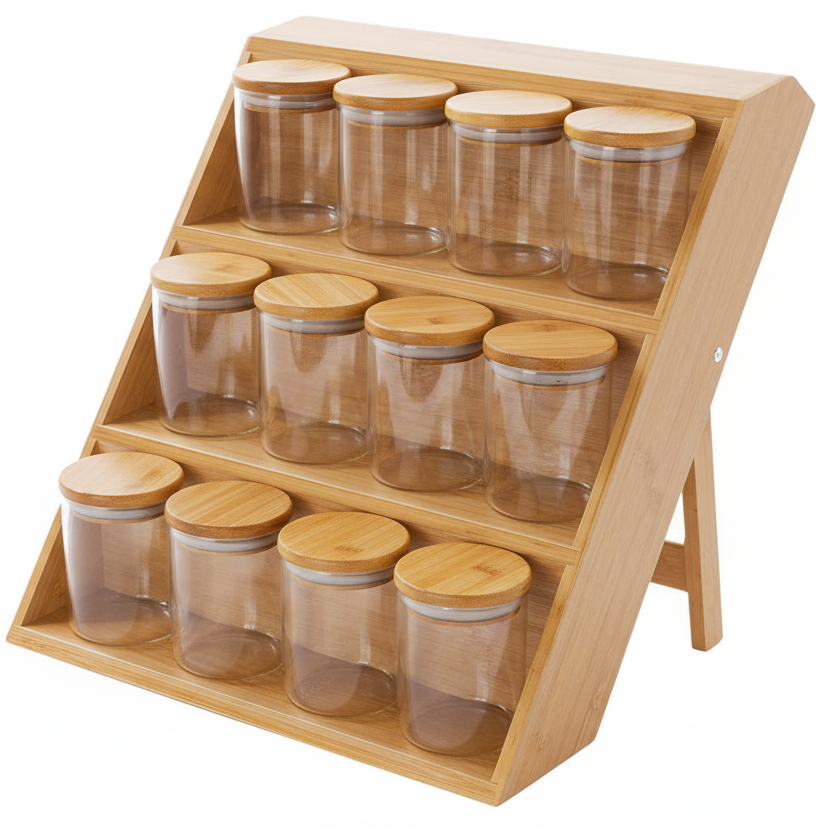Bamboo Spice Rack Stand With 12 Spice Jars