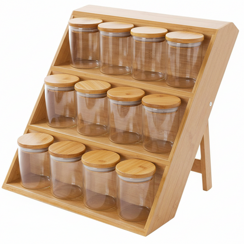 Bamboo Spice Rack Stand With 12 Spice Jars