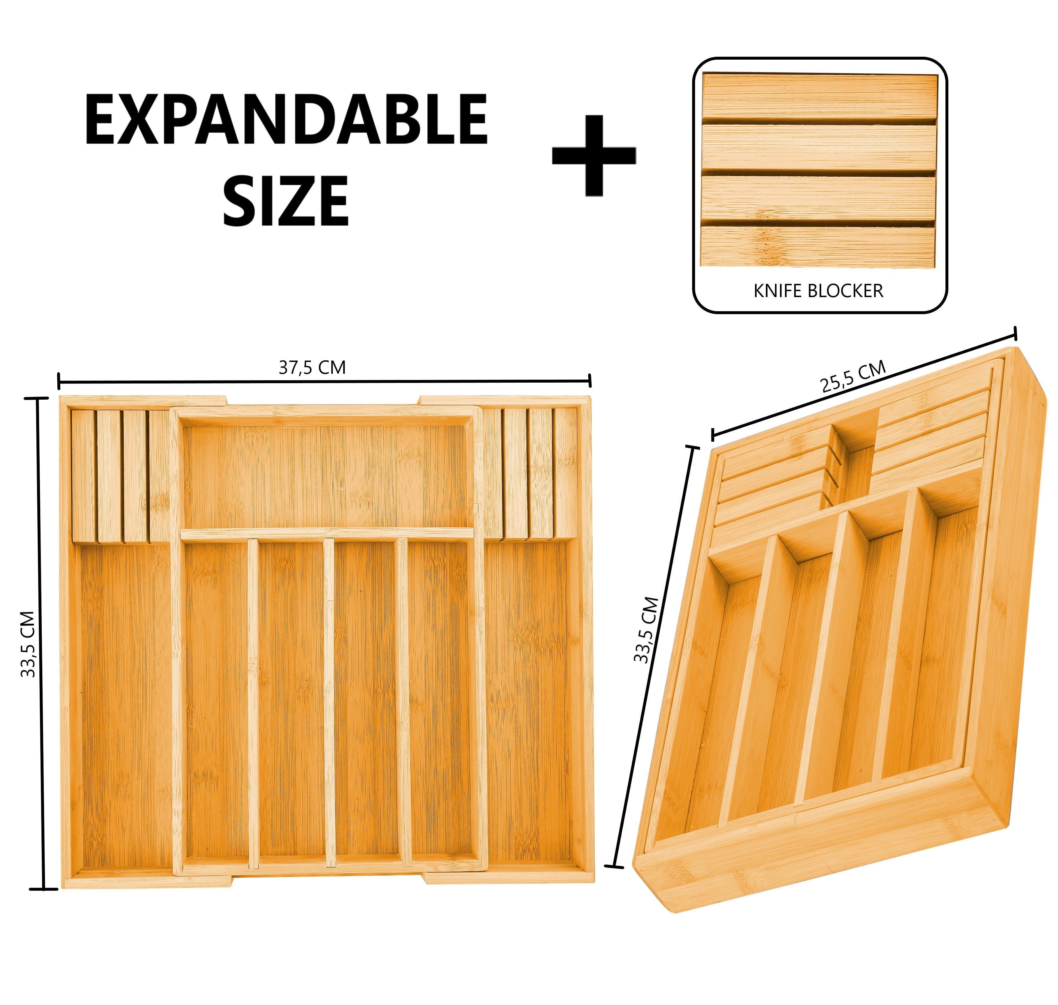 2 Pack Large Capacity Bamboo Expandable Drawer Organiser with Knife Block Holder for Home Kitchen Utensils