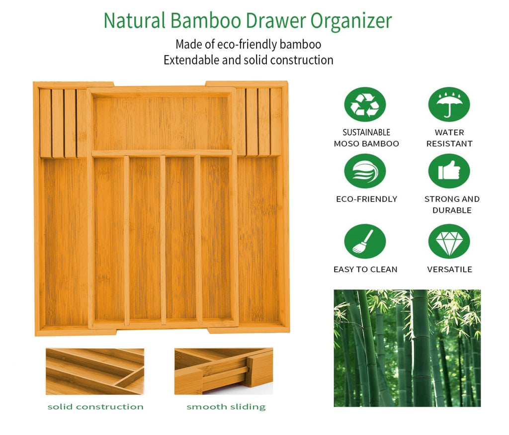 2 Pack Large Capacity Bamboo Expandable Drawer Organiser with Knife Block Holder for Home Kitchen Utensils