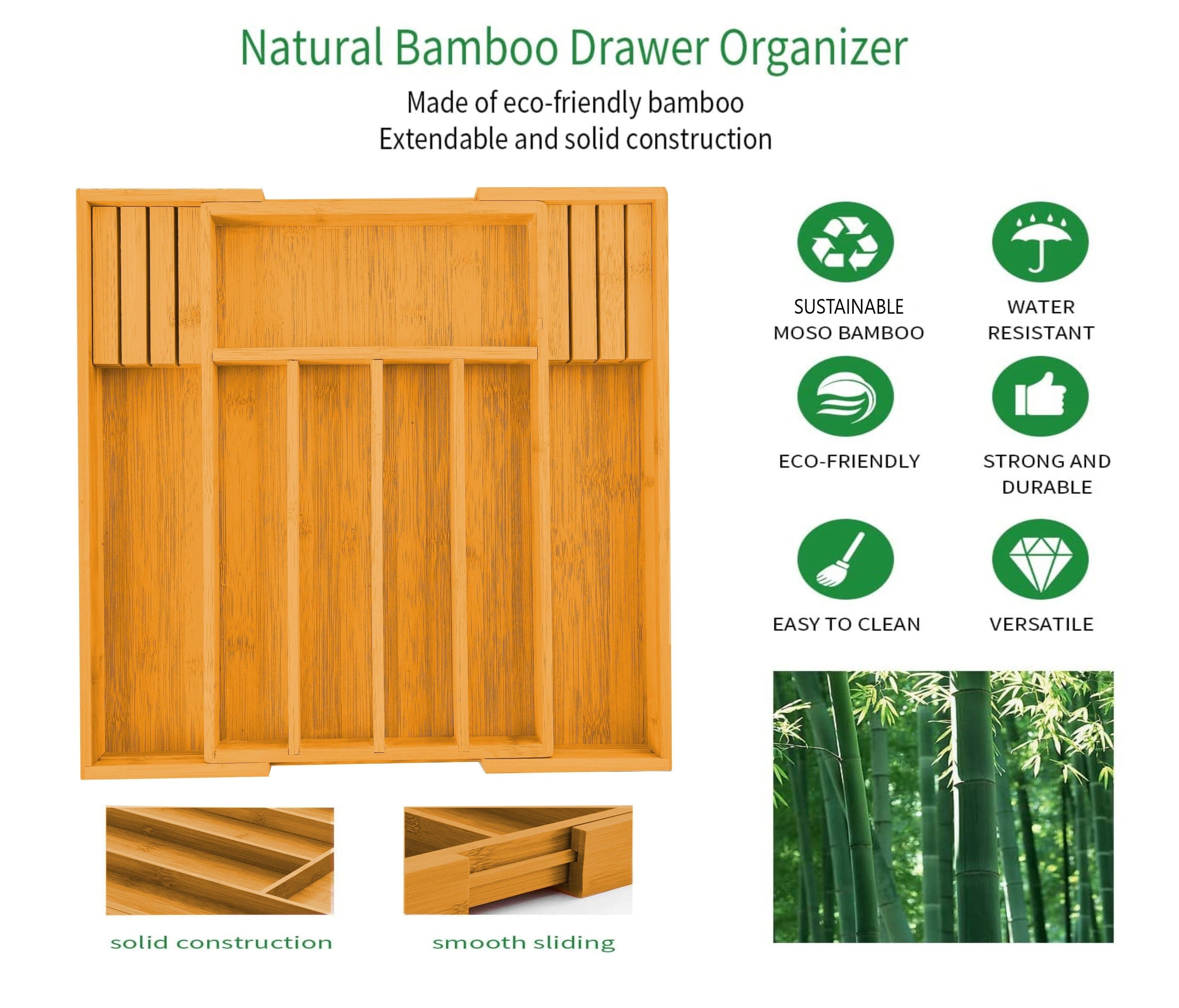 2 Pack Large Capacity Bamboo Expandable Drawer Organiser with Knife Block Holder for Home Kitchen Utensils