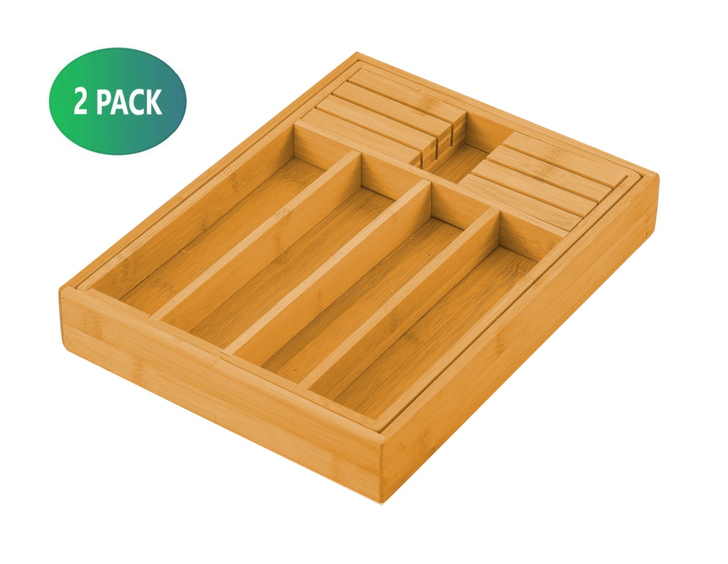 2 Pack Large Capacity Bamboo Expandable Drawer Organiser with Knife Block Holder for Home Kitchen Utensils