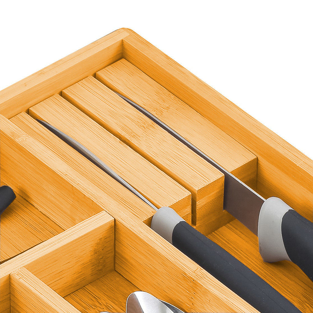 2 Pack Large Capacity Bamboo Expandable Drawer Organiser with Knife Block Holder for Home Kitchen Utensils