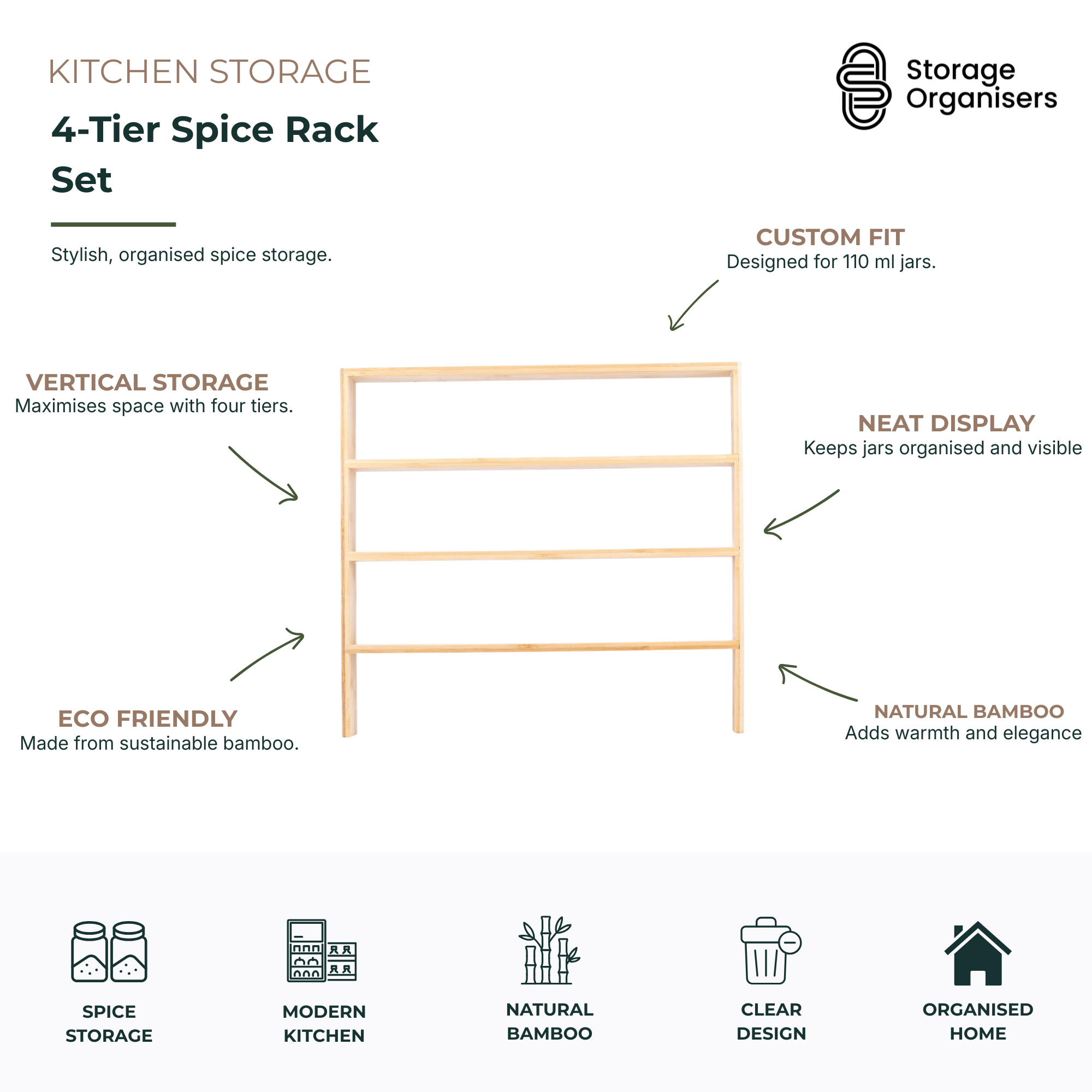 Standing 4-Tier Spice Rack with 24 × 120 ml Herb & Spice Jars Pack