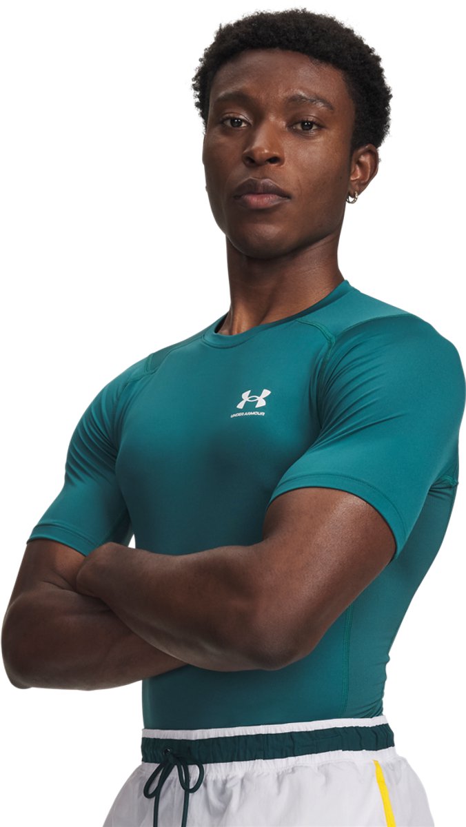 Under Armor UA HG Armor Comp SS-GRN Men's Sports Shirt - Rack Green - White