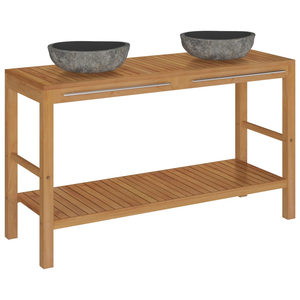 NNEVL Bathroom Vanity Cabinet Solid Teak with Riverstone Sinks