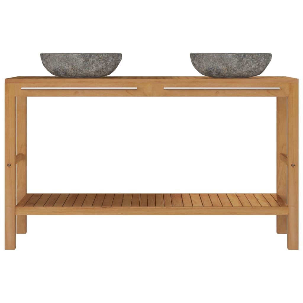 NNEVL Bathroom Vanity Cabinet Solid Teak with Riverstone Sinks