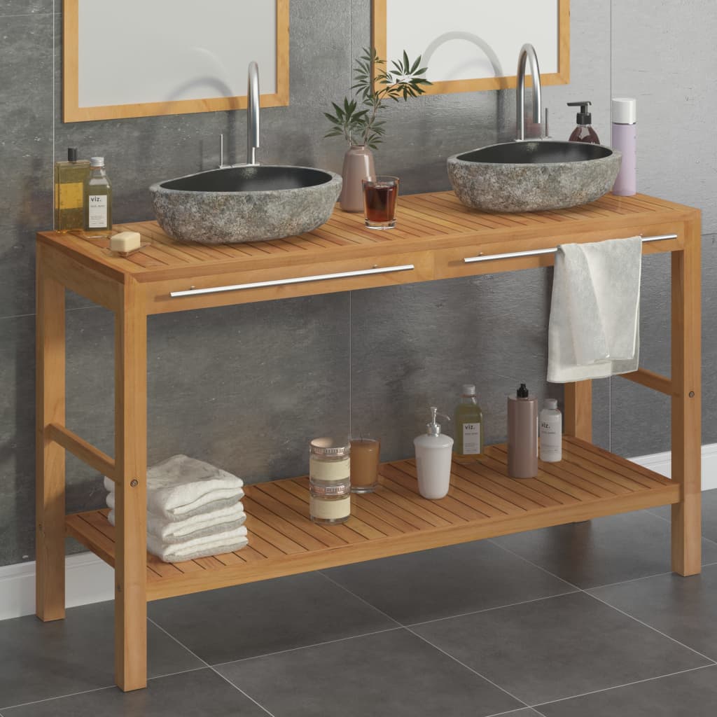 NNEVL Bathroom Vanity Cabinet Solid Teak with Riverstone Sinks