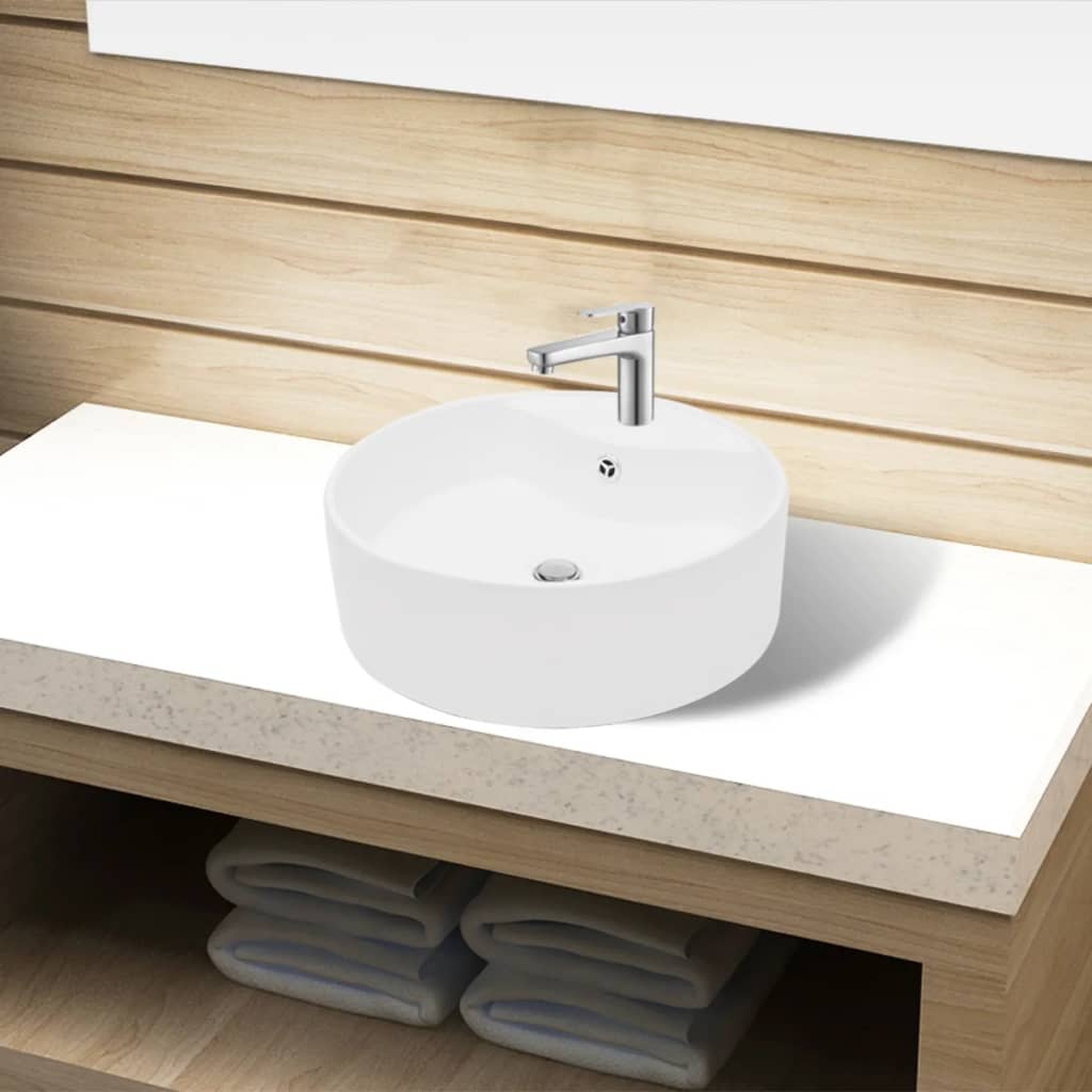 NNEVL Ceramic Bathroom Sink Basin Faucet/Overflow Hole White Round