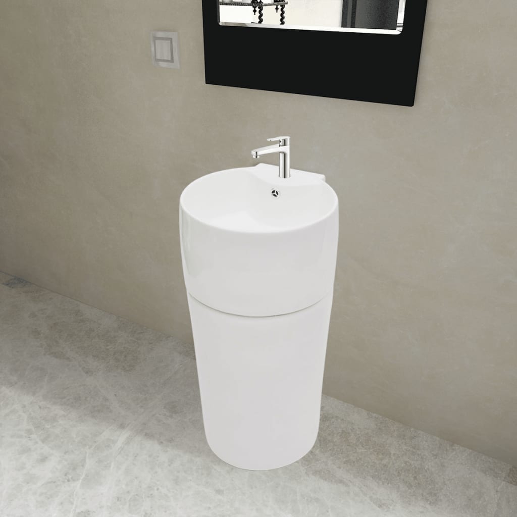 NNEVL Ceramic Stand Bathroom Sink Basin Faucet/Overflow Hole White