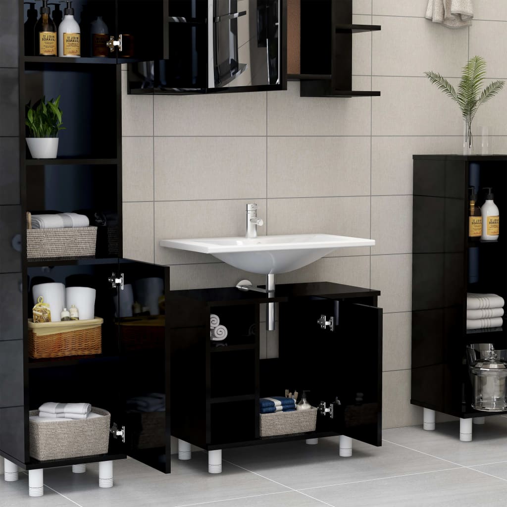 NNEVL Bathroom Cabinet High Gloss Black 60x32x53.5 cm Chipboard