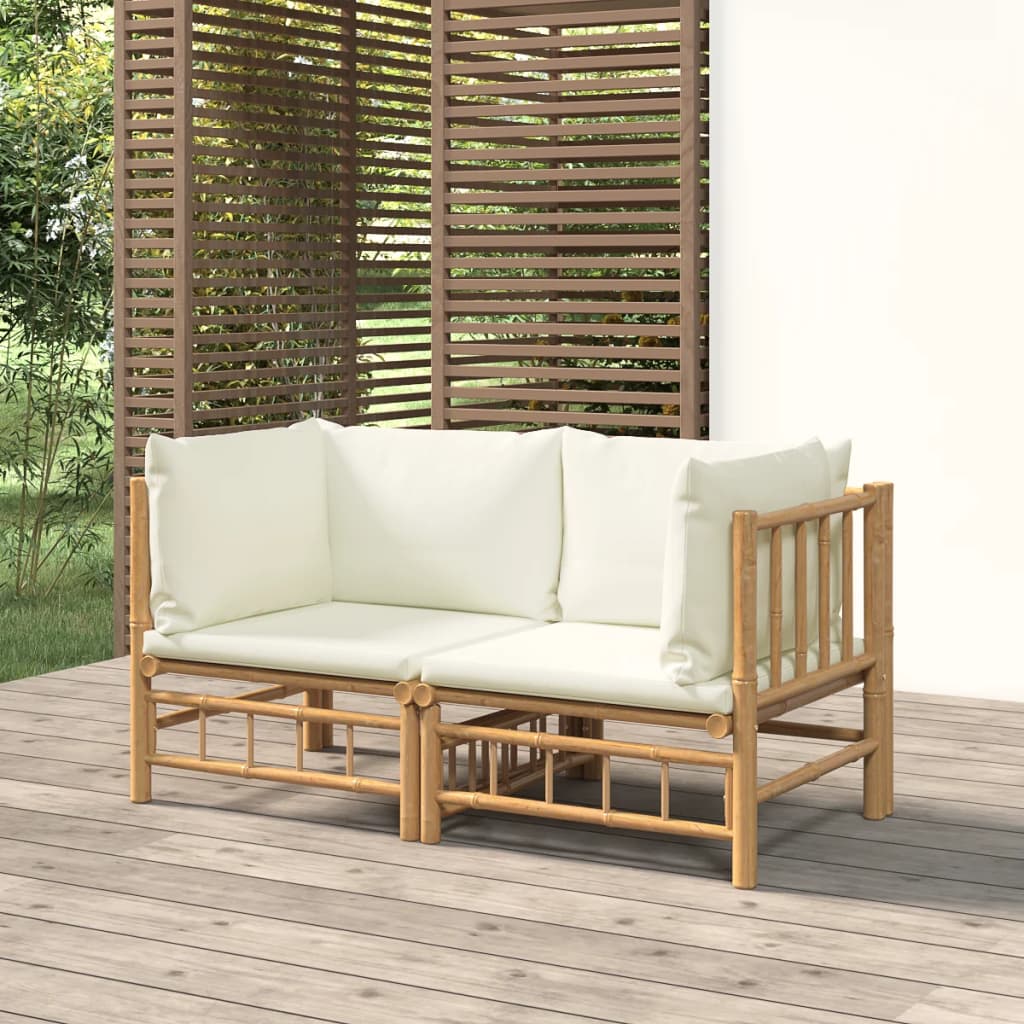 NNEVL Garden Corner Sofas with Cream White Cushions 2 pcs Bamboo