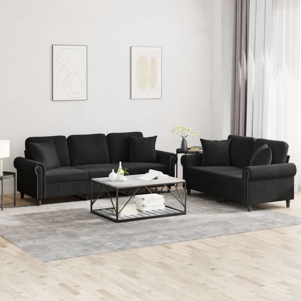 NNEVL 2 Piece Sofa Set with Pillows Black Velvet
