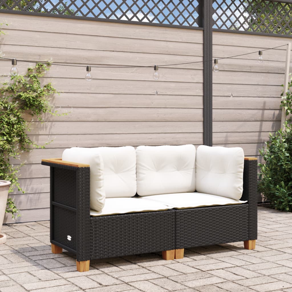 NNEVL Garden Sofas Corner with Cushions 2 pcs Black Poly Rattan